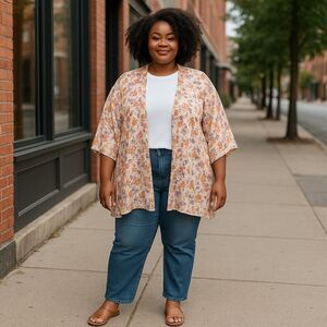 Moa Moa Woman Floral Open Front Kimono Duster‎ Cardigan Sheer Plus Size One Size